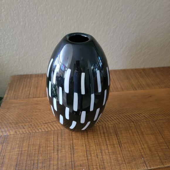 Vintage Black Art Glass Vase with White Dash Motif 10.5 Inch Modernist Design - Picture 2 of 10